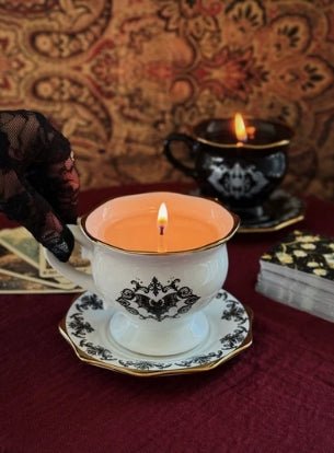 Enchanting Bat Tea Cup Ceramic Candle Evening Teakwood Candles - Gothic & Alternative Gift - Haunted