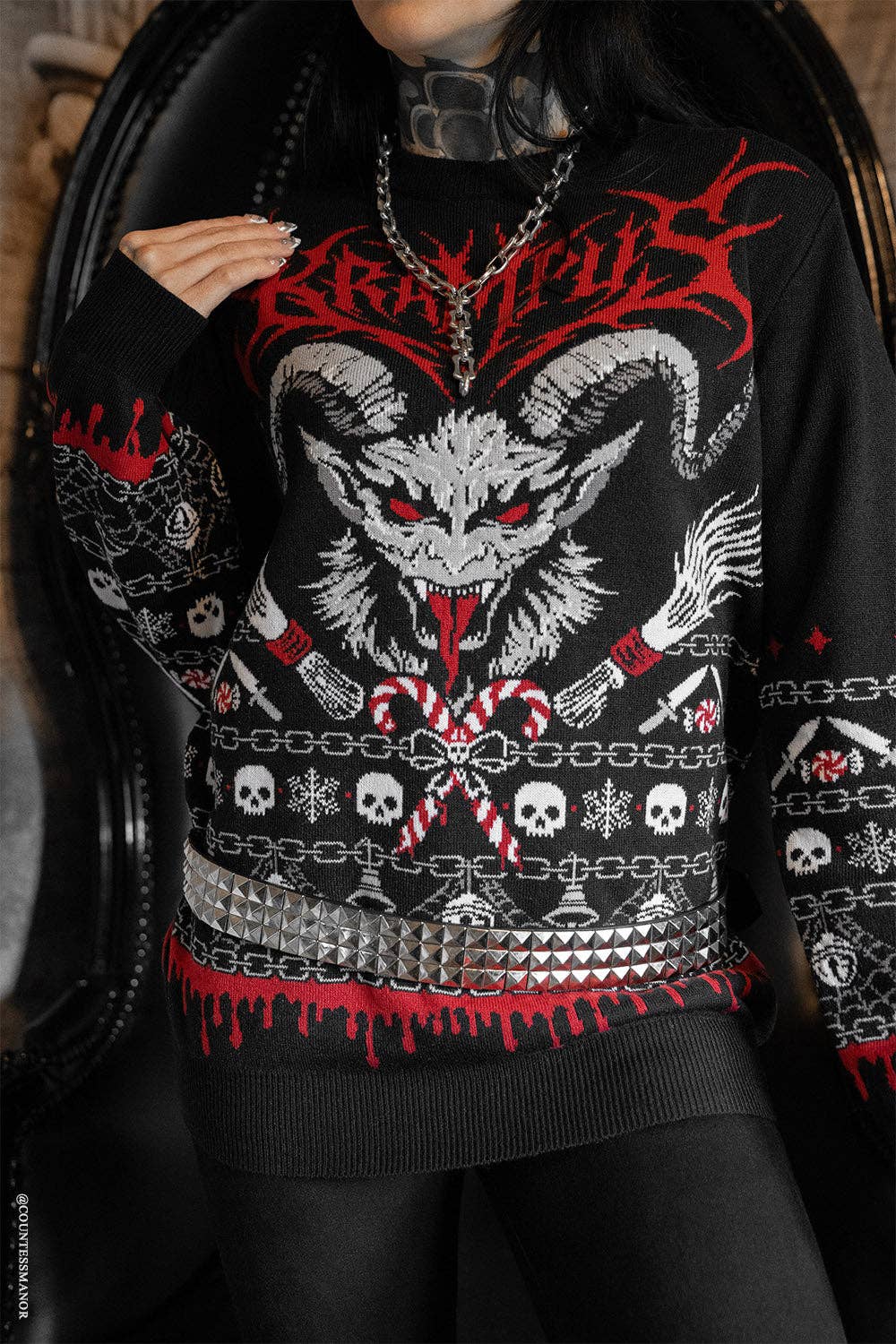 Krampusnacht Knit Xmas Sweater Goth Creepmas Skull Spiderweb Tree