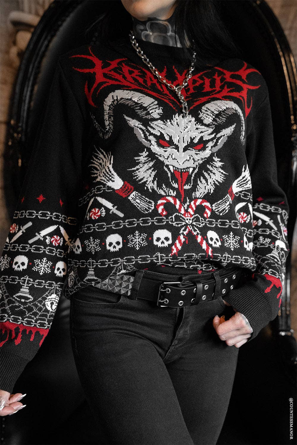 Krampusnacht Knit Xmas Sweater Goth Creepmas Skull Spiderweb Tree