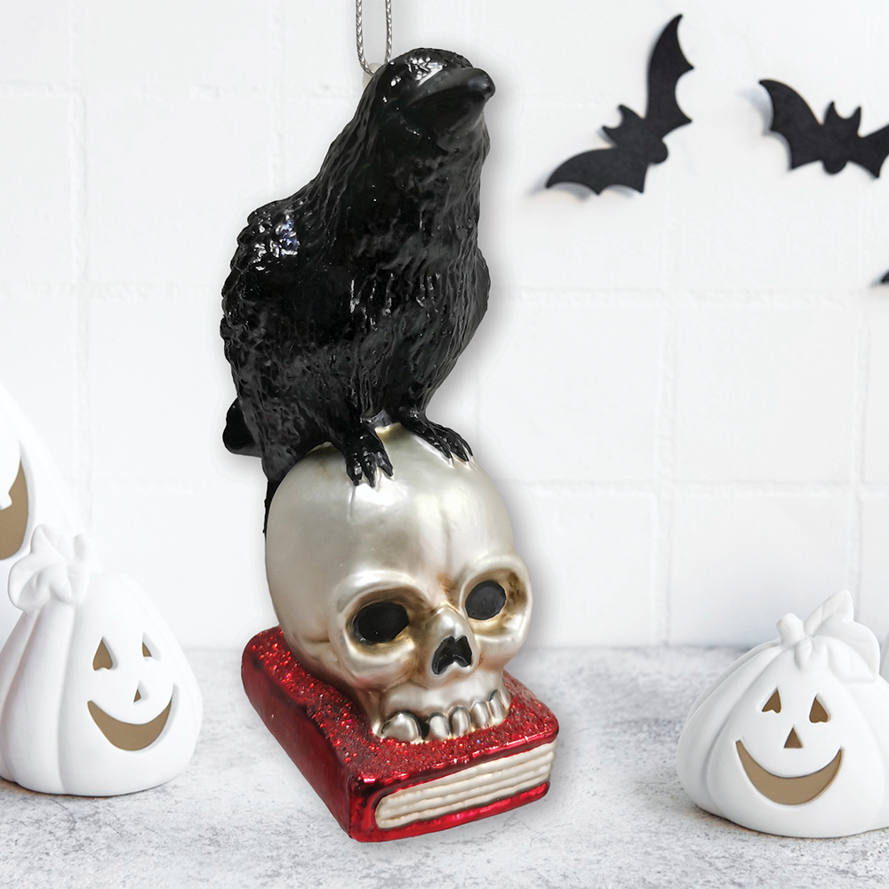 Raven on Skull and Book Glass Ornament