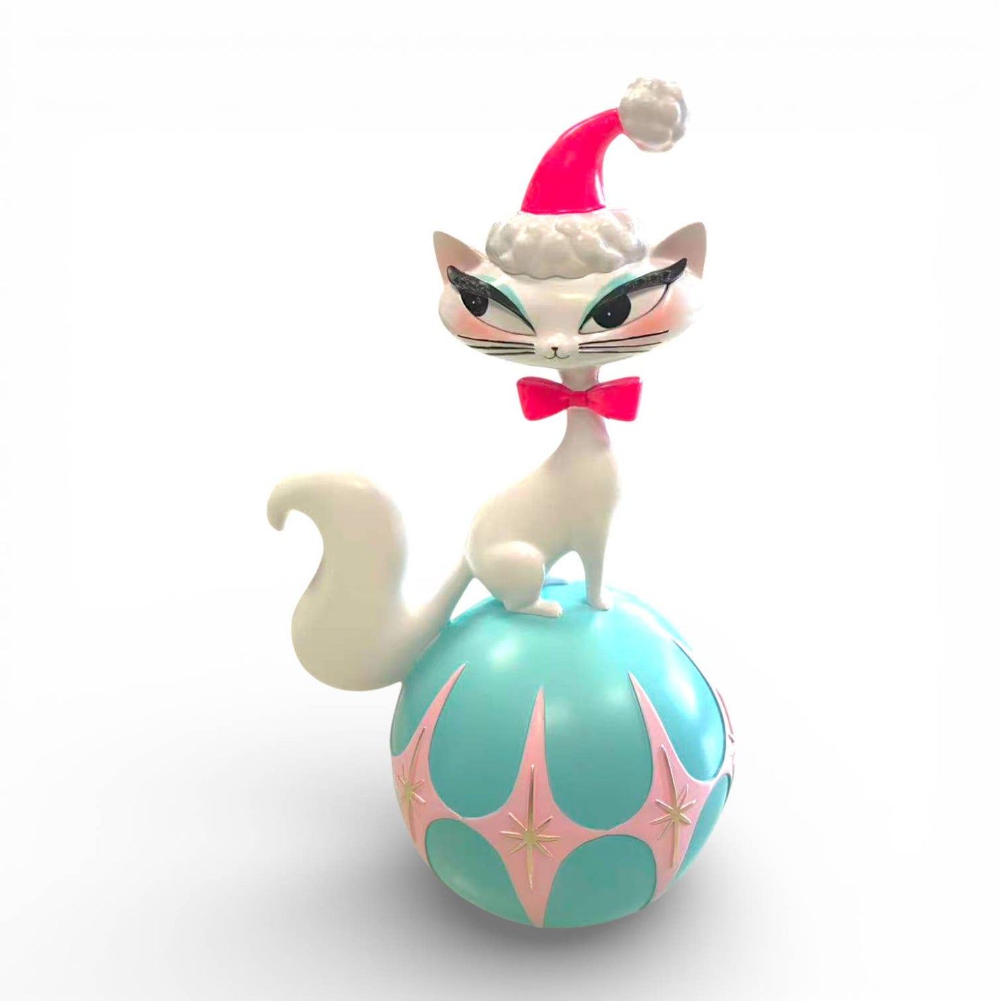 Swanky Christmas Kitty Atop Ornament by Miss Fluff – 12in Retro White Cat