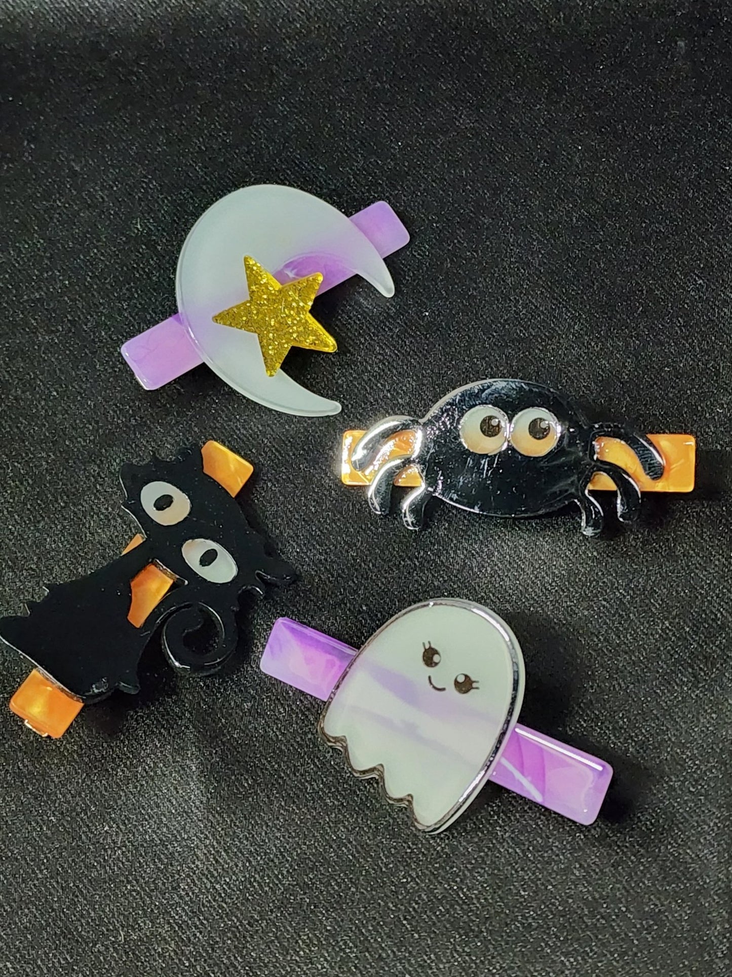 Glow in the Dark Black Cat Moon Spider Ghost Hair Clip Whimsigoth - Gothic & Alternative Gift - Haunted