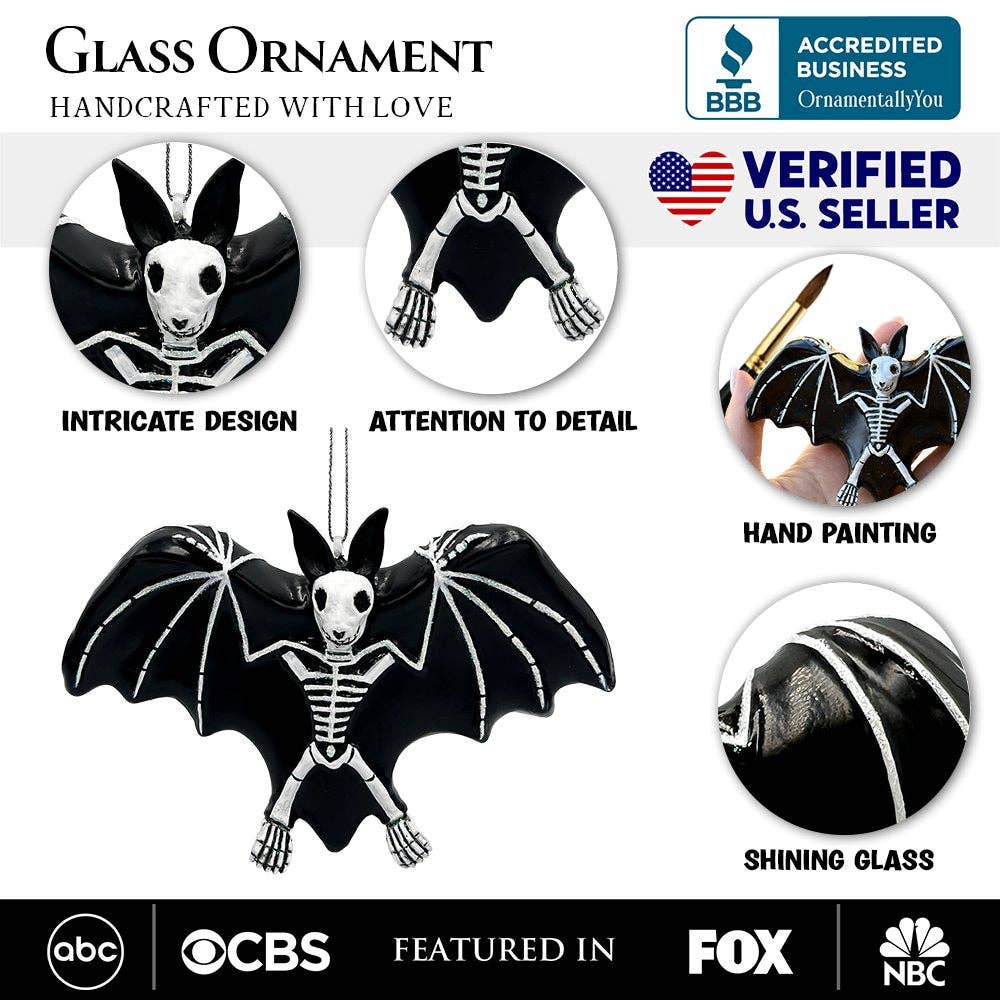 Gothic Bat Skeleton Handcrafted Glass Ornament Gothmas, Christmas, Creepmas, Holiday Ornaments - Gothic & Alternative Gift - Haunted