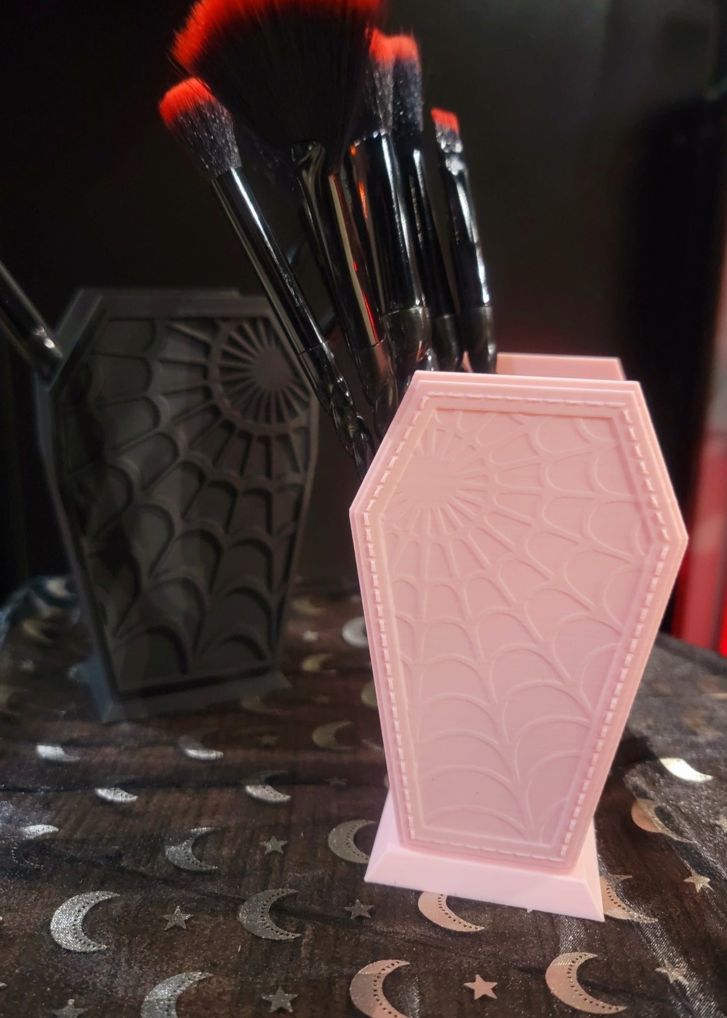 Gothic Coffin Shaped brush Holder With Spider Web Pink Beauty - Gothic & Alternative Gift - Haunted