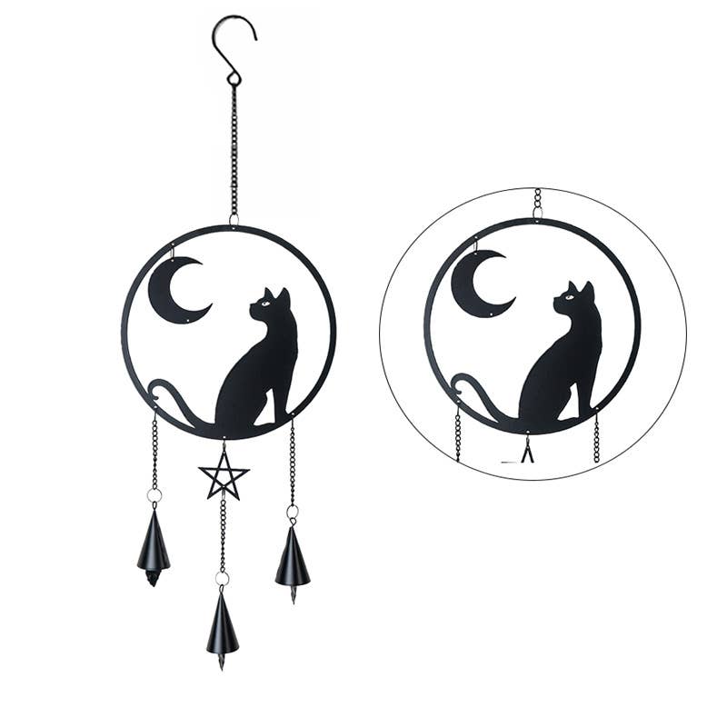 Gothic Metal Hanging Cat Moon Grazer Sun Catcher Wind Chime Garden Decor - Gothic & Alternative Gift - Haunted