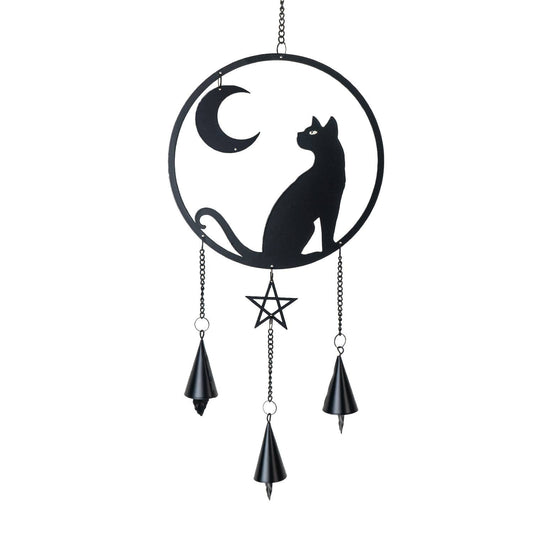 Gothic Metal Hanging Cat Moon Grazer Sun Catcher Wind Chime Garden Decor - Gothic & Alternative Gift - Haunted
