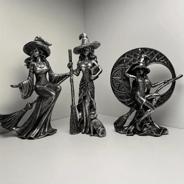 Gothic Resin Witch Statues - Moon, Broom, Book & Cat Figurines - Gothic & Alternative Gift - Haunted