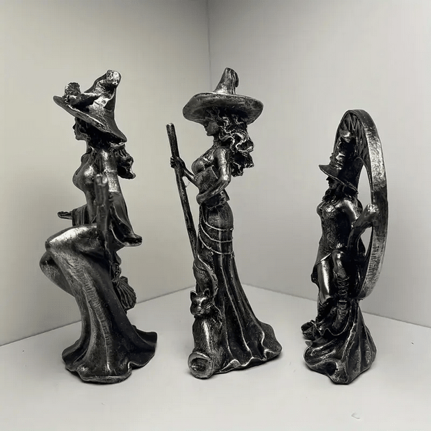 Gothic Resin Witch Statues - Moon, Broom, Book & Cat Figurines - Gothic & Alternative Gift - Haunted