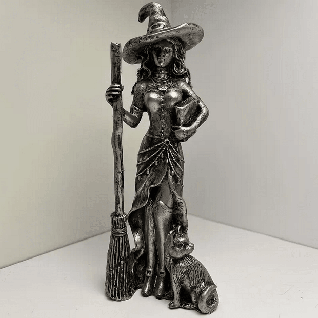 Gothic Resin Witch Statues - Moon, Broom, Book & Cat Figurines - Gothic & Alternative Gift - Haunted