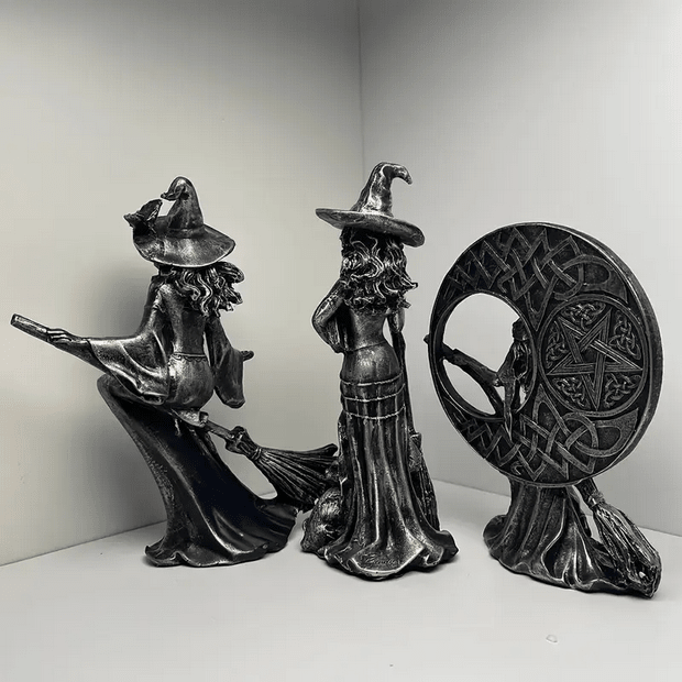 Gothic Resin Witch Statues - Moon, Broom, Book & Cat Figurines - Gothic & Alternative Gift - Haunted