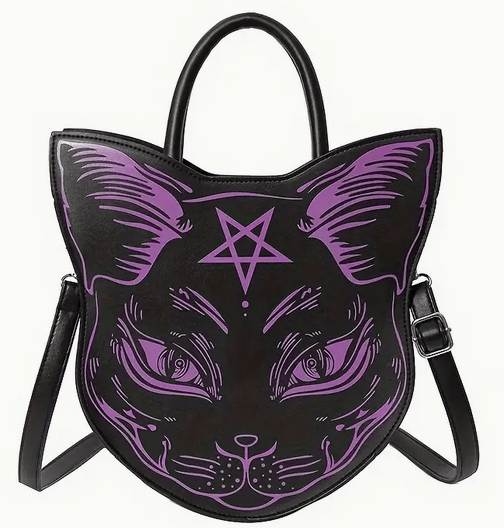 Gothic Witchy Pentagram Cat Shaped Purse Bag Crossbody Purple Purses and Bags - Gothic & Alternative Gift - Haunted