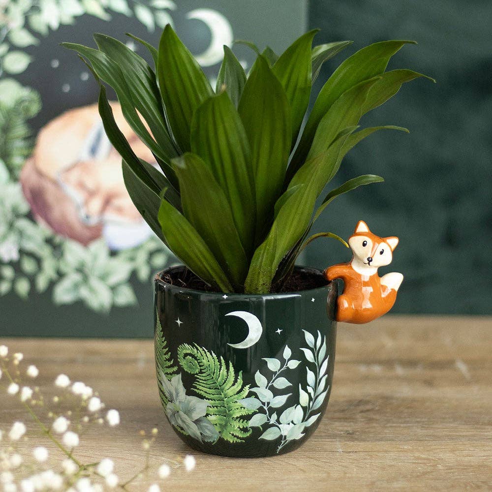 Green Forest Print Plant Pot with Fox Garden Decor - Gothic & Alternative Gift - Haunted