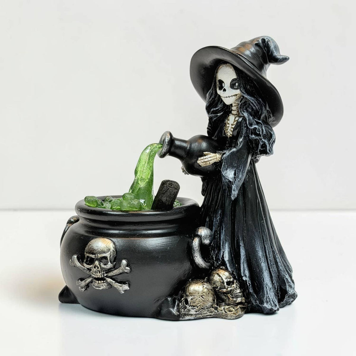 Greenfire Skeleton Witch Figurine with Cauldron – Gothic Resin Decor Home Decor - Gothic & Alternative Gift - Haunted