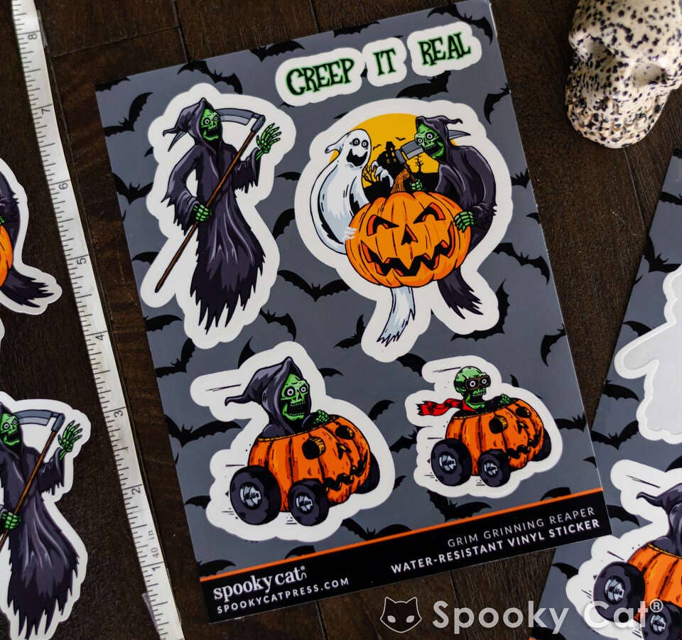 Grim Reaper Vinyl Sticker Sheet – Vintage Halloween Designs Accessories - Gothic & Alternative Gift - Haunted