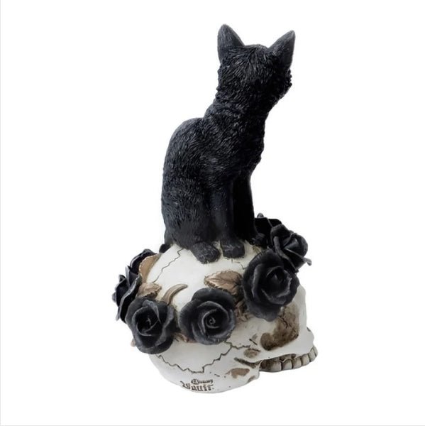 Grimalkin's Ghost Black Cat Roses on a Skull Statue Figurine Home Decor - Gothic & Alternative Gift - Haunted