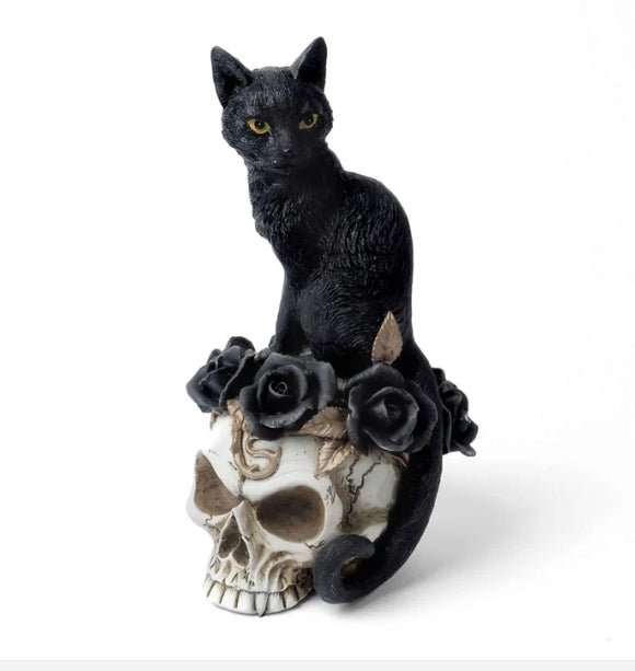Grimalkin's Ghost Black Cat Roses on a Skull Statue Figurine Home Decor - Gothic & Alternative Gift - Haunted