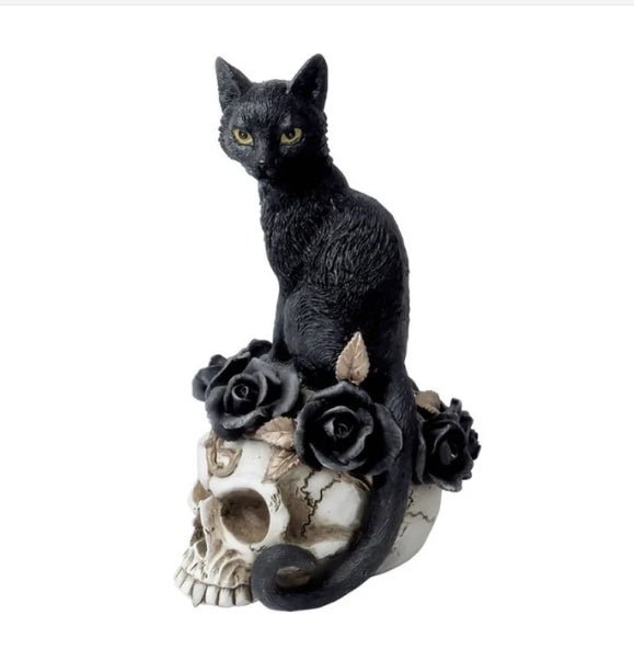 Grimalkin's Ghost Black Cat Roses on a Skull Statue Figurine Home Decor - Gothic & Alternative Gift - Haunted