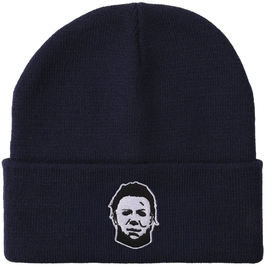 Halloween Michael Myers Navy Embroidered Cuffed Knit Beanie Accessories - Gothic & Alternative Gift - Haunted