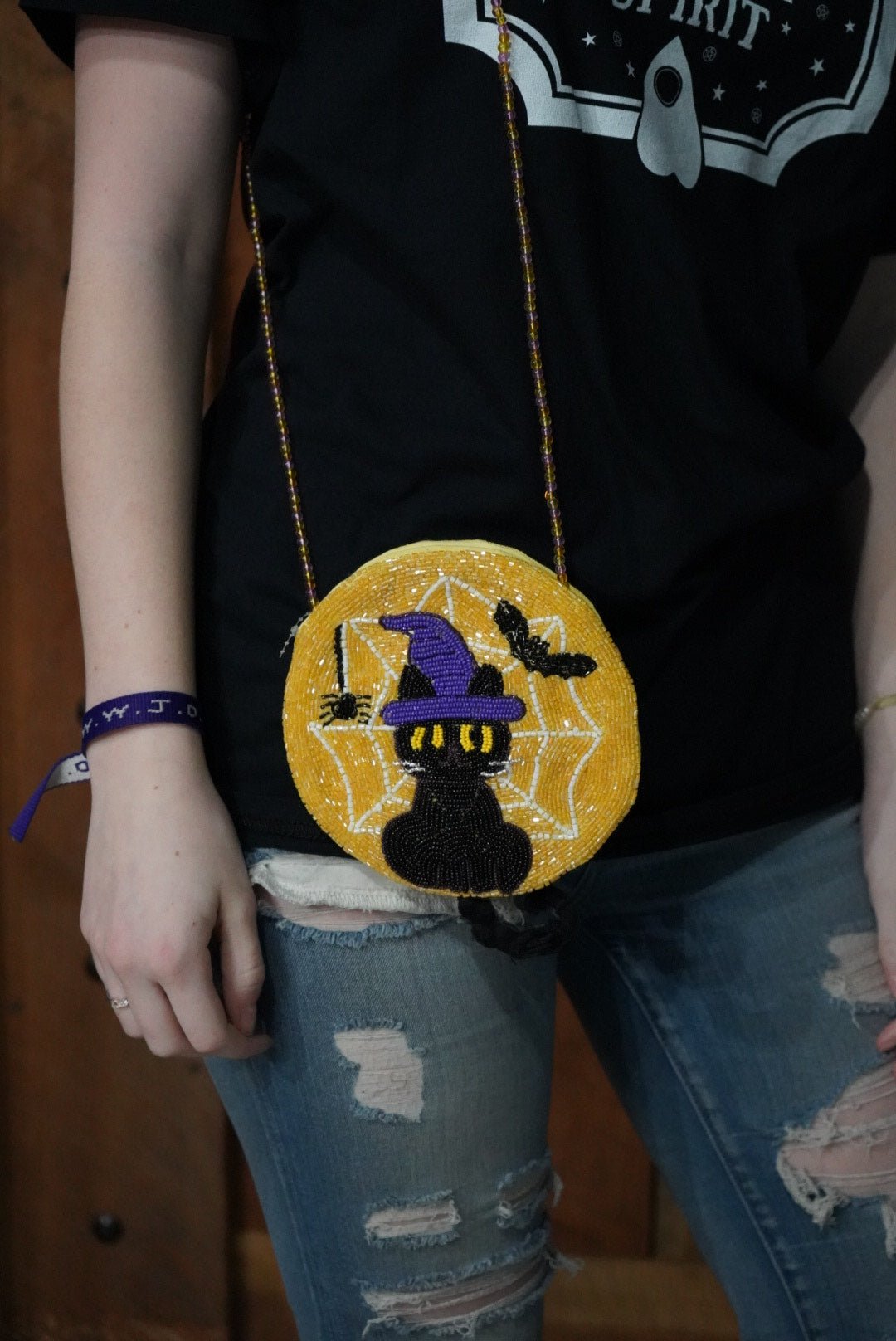 Halloween Seed-Beaded Black Cat Crossbody Bags Purses and Bags - Gothic & Alternative Gift - Haunted