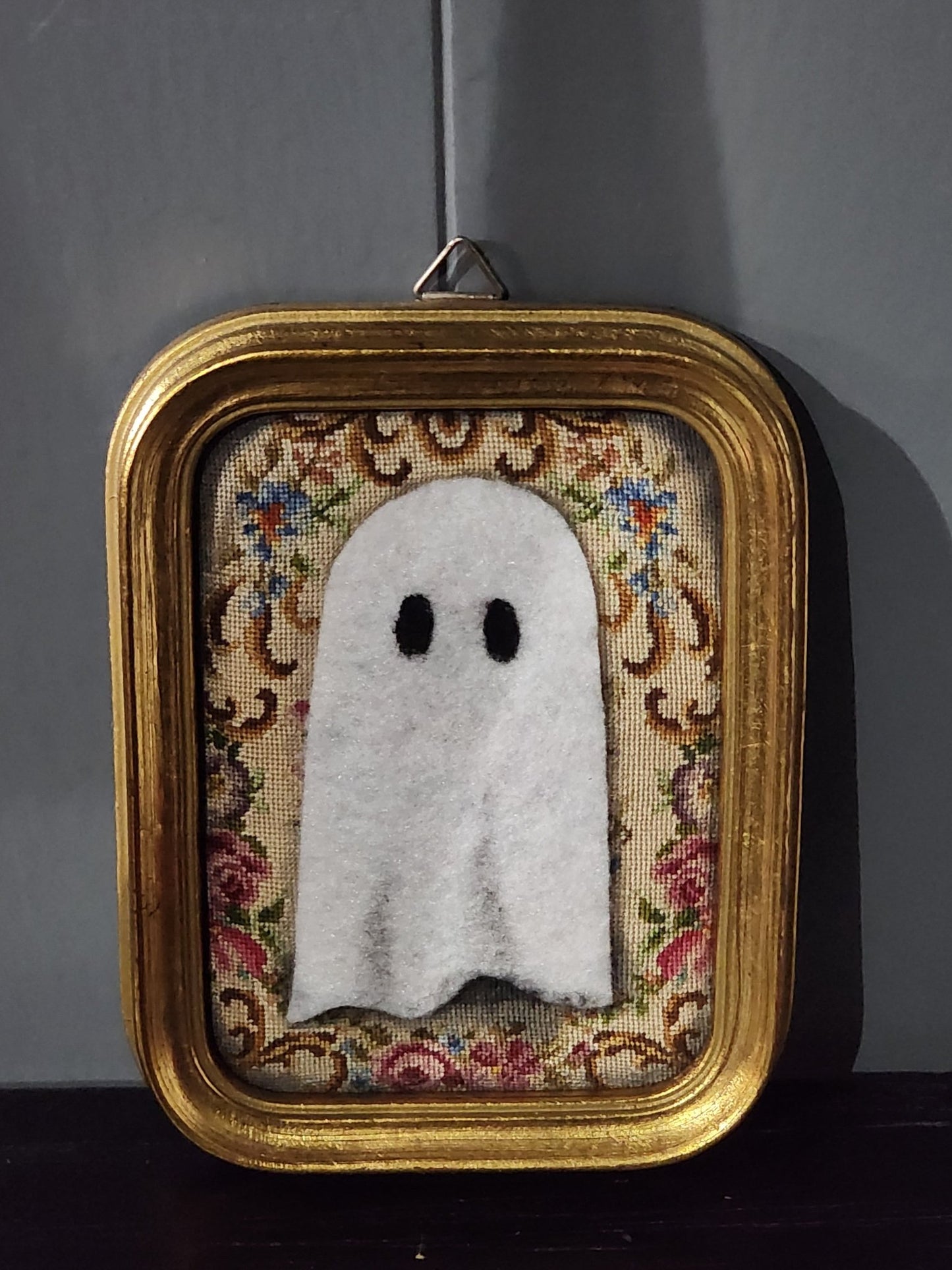 Handmade Original Ghost on Needlepoint Antique Wood Frame Wall Hanging - Gothic & Alternative Gift - Haunted