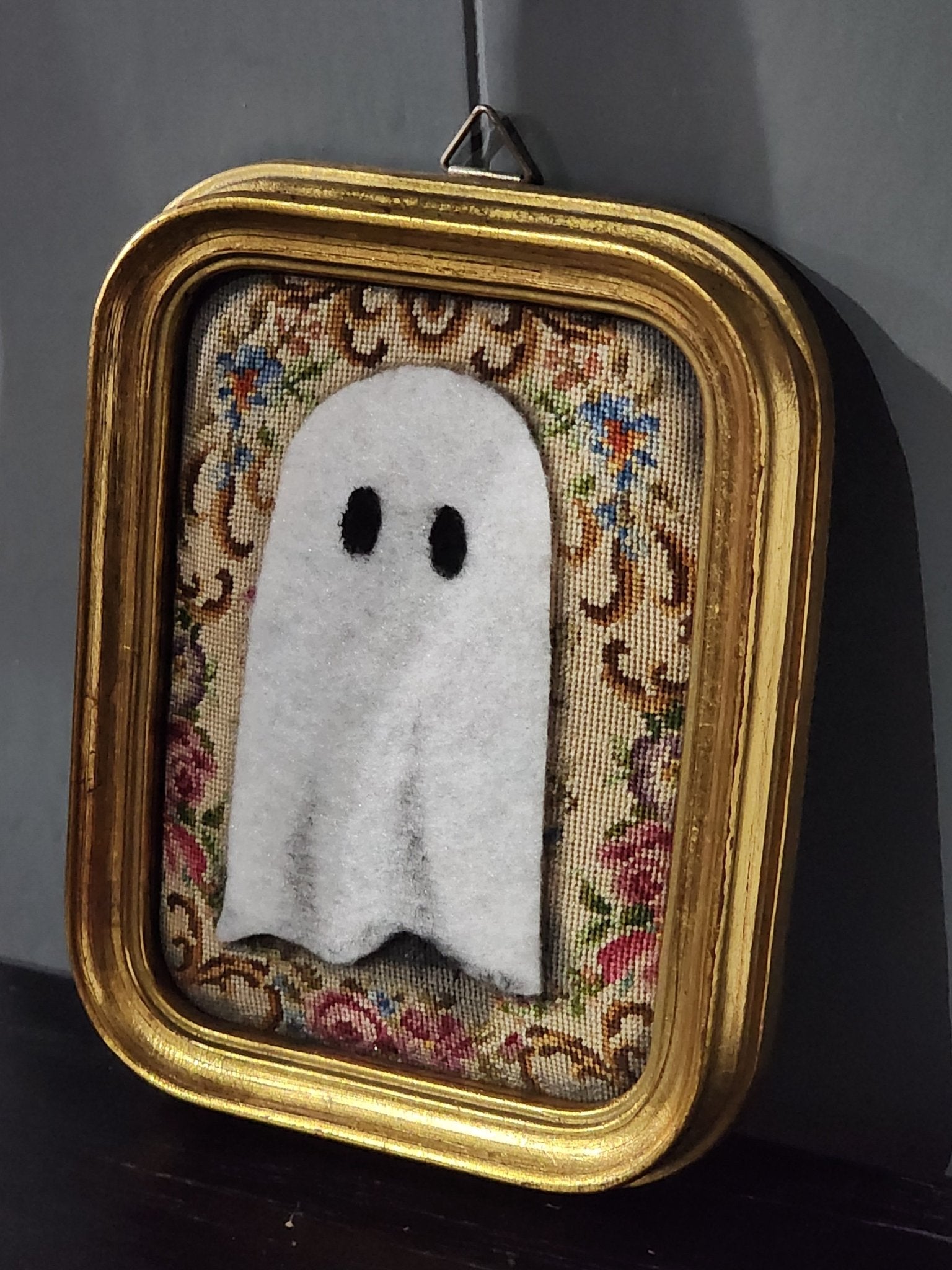 Handmade Original Ghost on Needlepoint Antique Wood Frame Wall Hanging - Gothic & Alternative Gift - Haunted