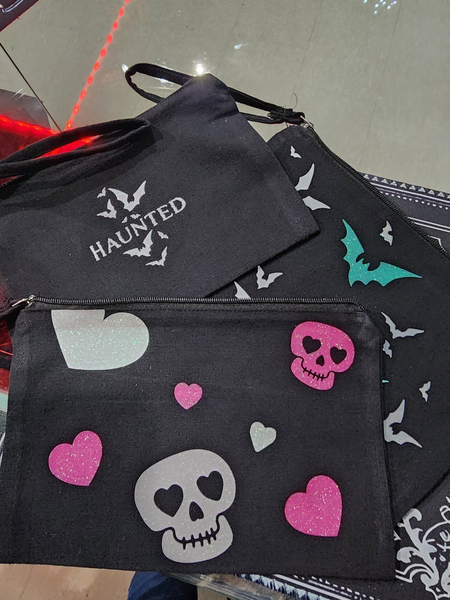 HAUNTED BATS Skull Hearts Neon Travel Bag Make up Bag Clothing - Gothic & Alternative Gift - Haunted
