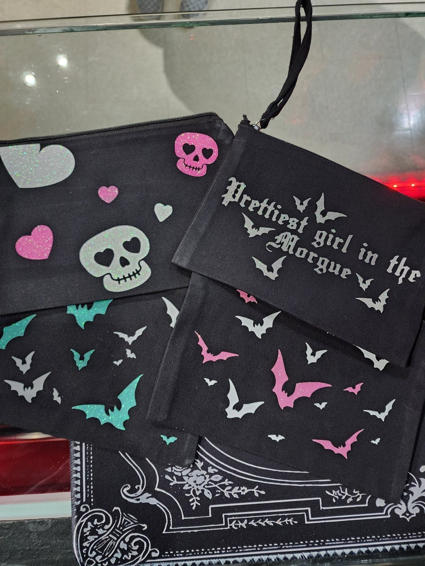 HAUNTED BATS Skull Hearts Neon Travel Bag Make up Bag Clothing - Gothic & Alternative Gift - Haunted