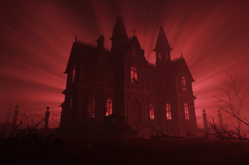 haunted house with shadows and fog, red and black colors