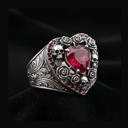 Heart Gothic Skull and Rose Silver Ring Jewelry - Gothic & Alternative Gift - Haunted