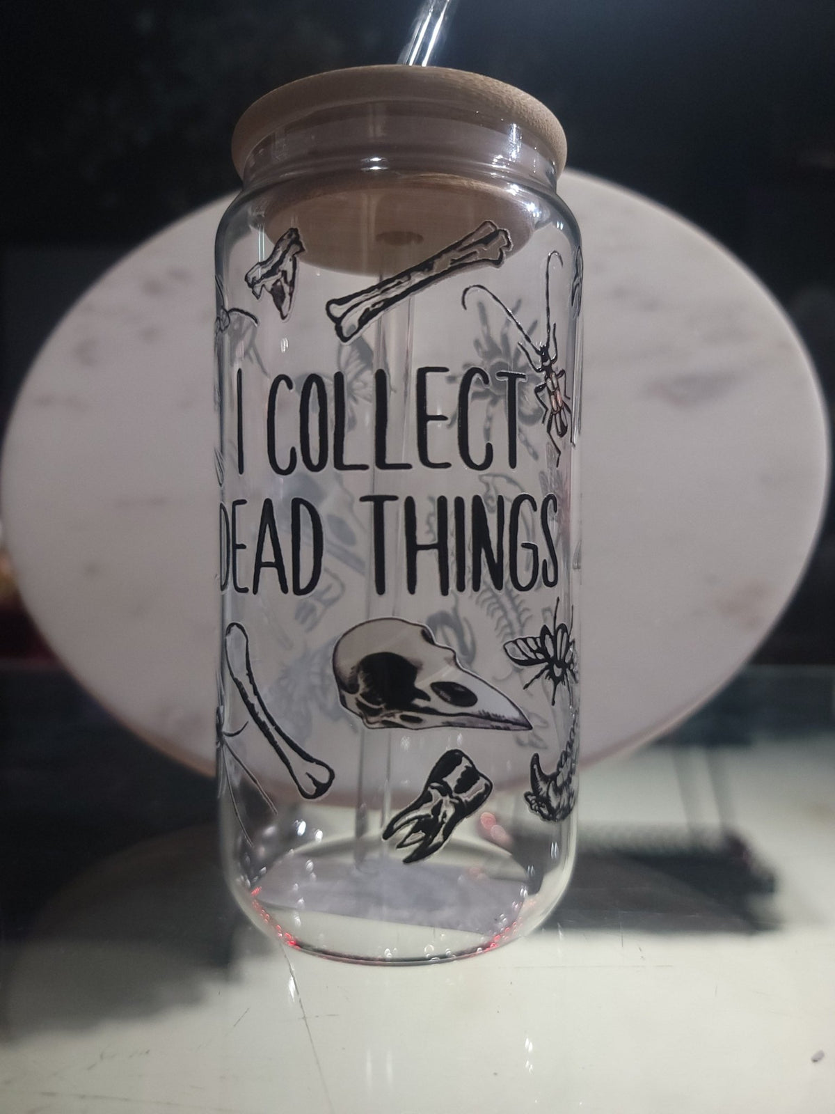 I collect DEAD things Bug and Bones Glass Tumbler Drinkware - Gothic & Alternative Gift - Haunted