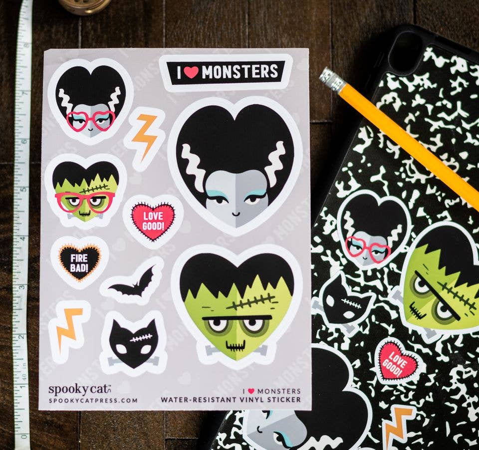 I ❤️ Monsters Vinyl Sticker Sheet Stickers - Gothic & Alternative Gift - Haunted