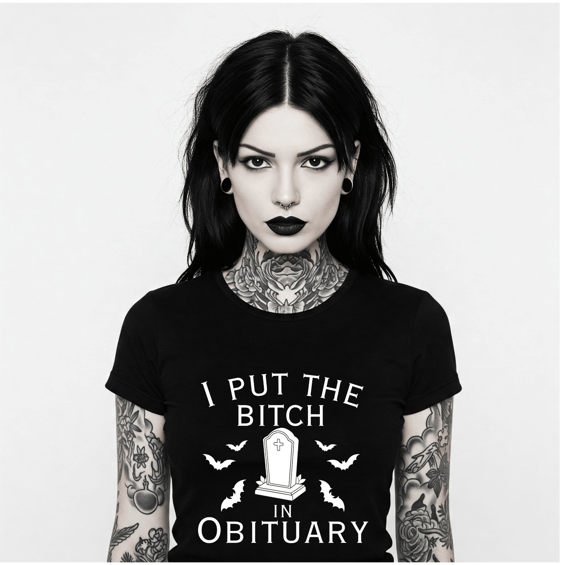 I Put the Bitch in Obituary Graphic T Shirt Goth Halloween Funny Mom Clothing - Gothic & Alternative Gift - Haunted