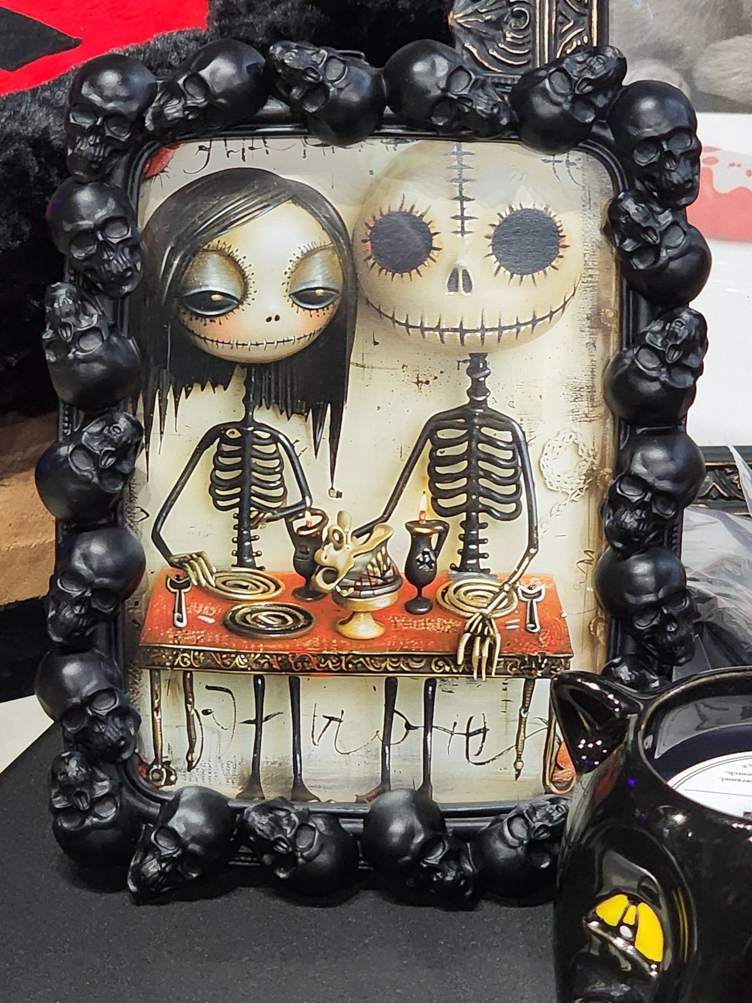 In Death Creepy Cute Spooky Skeleton Couple in Skull Frame Wall Hanging - Gothic & Alternative Gift - Haunted