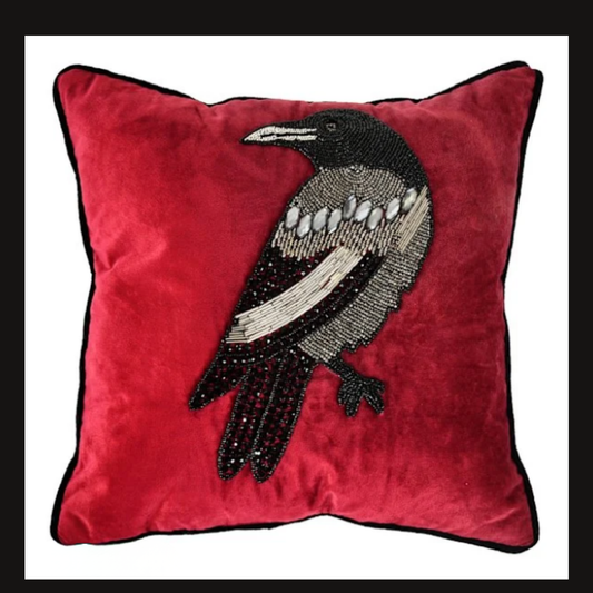 Luxury Beaded Velvet Raven Throw Pillow