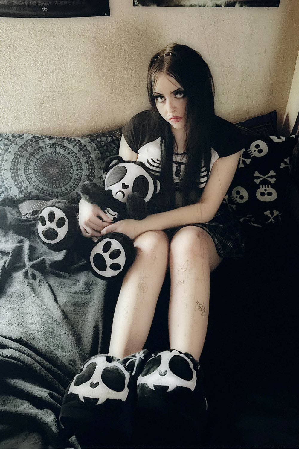 Kitten Cat Skeleton Goth Slippers Skelekitty Slippers Size Med/Large Clothing - Gothic & Alternative Gift - Haunted