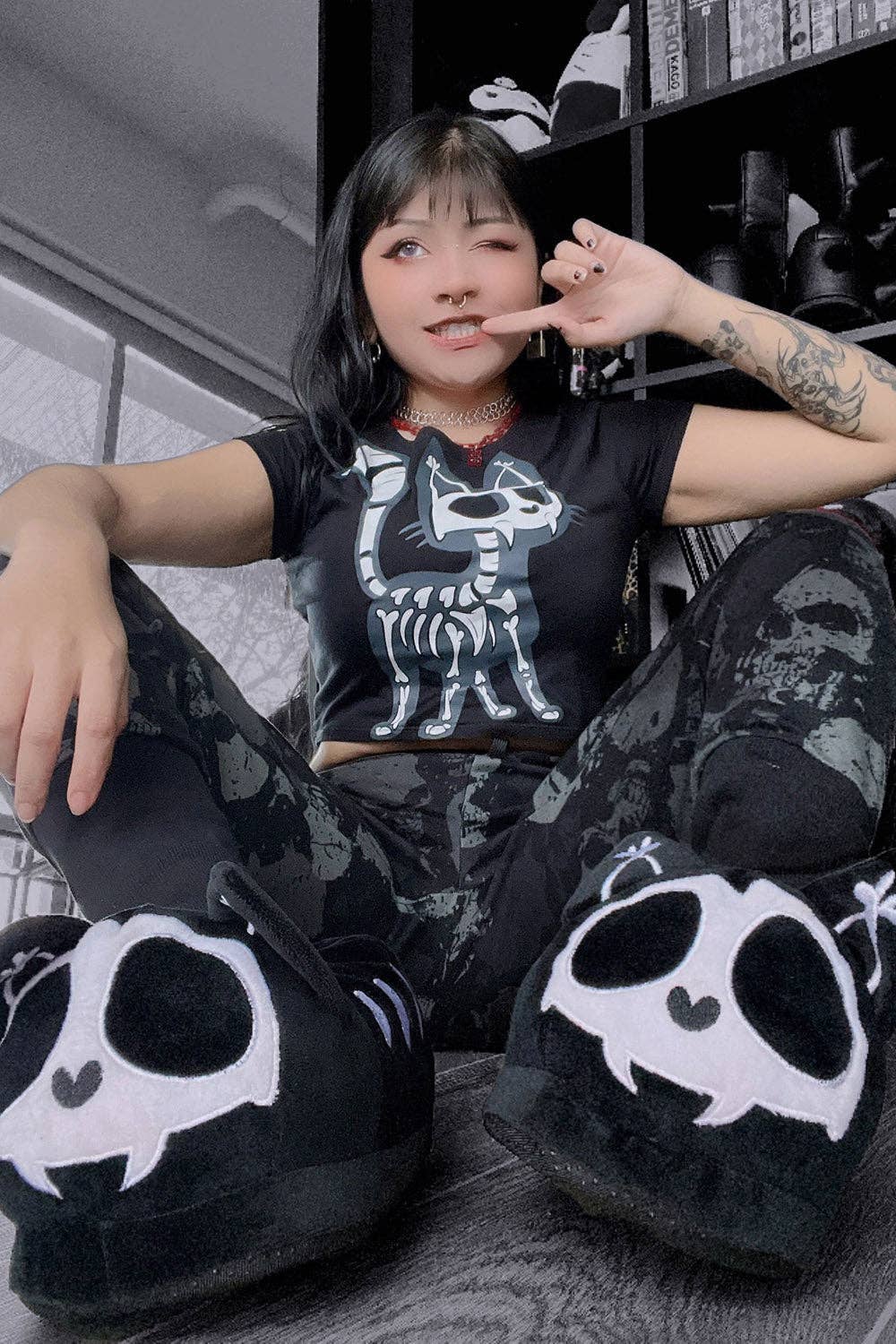 Kitten Cat Skeleton Goth Slippers Skelekitty Slippers Size Med/Large Clothing - Gothic & Alternative Gift - Haunted