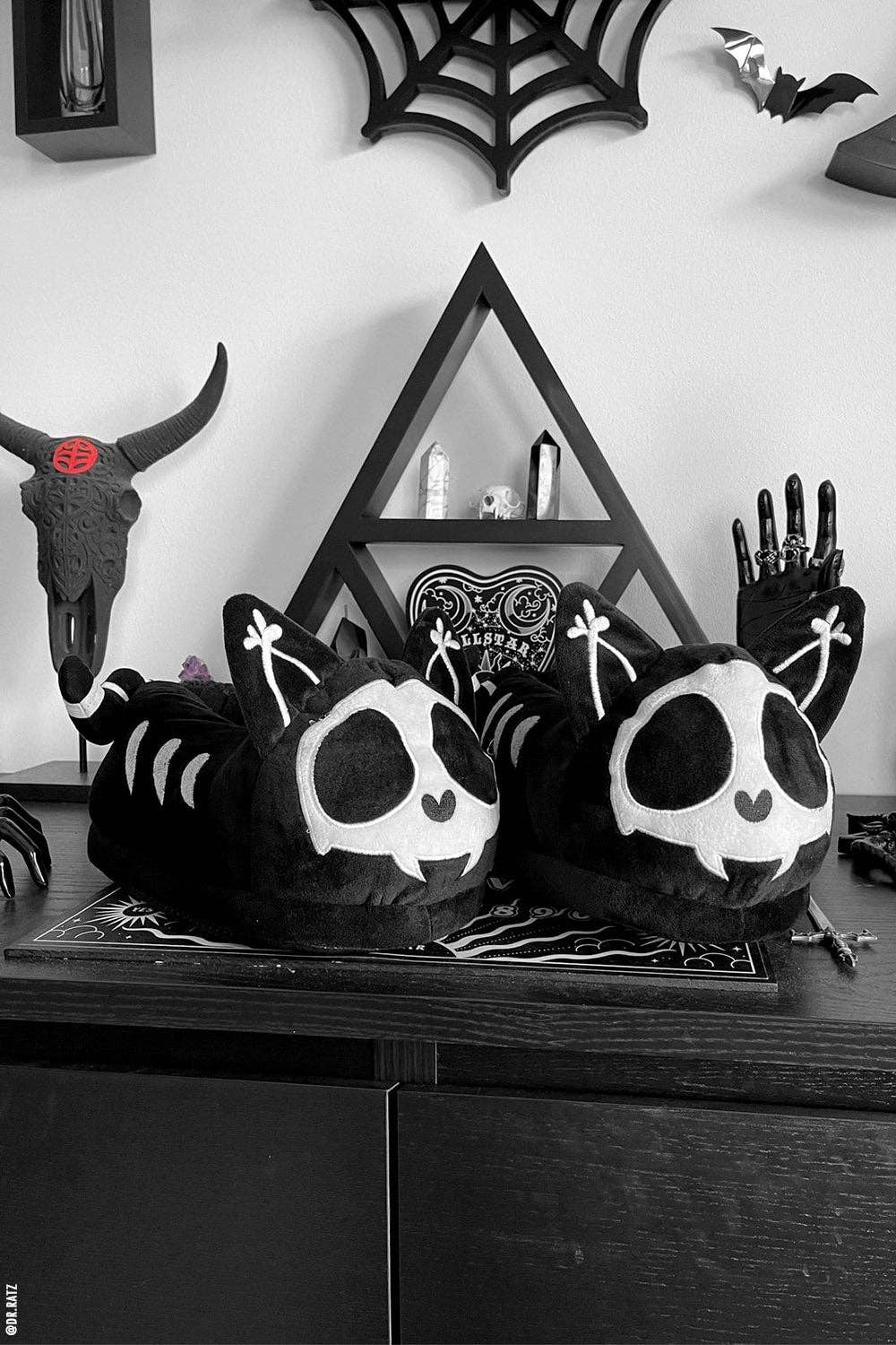 Kitten Cat Skeleton Goth Slippers Skelekitty Slippers Size Med/Large Clothing - Gothic & Alternative Gift - Haunted