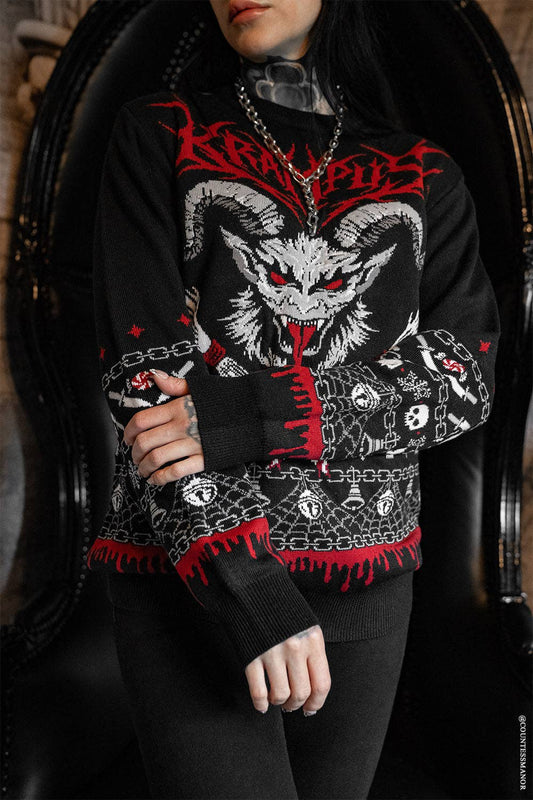Krampusnacht Knit Xmas Sweater Goth Creepmas Skull Spiderweb Tree Clothing - Gothic & Alternative Gift - Haunted