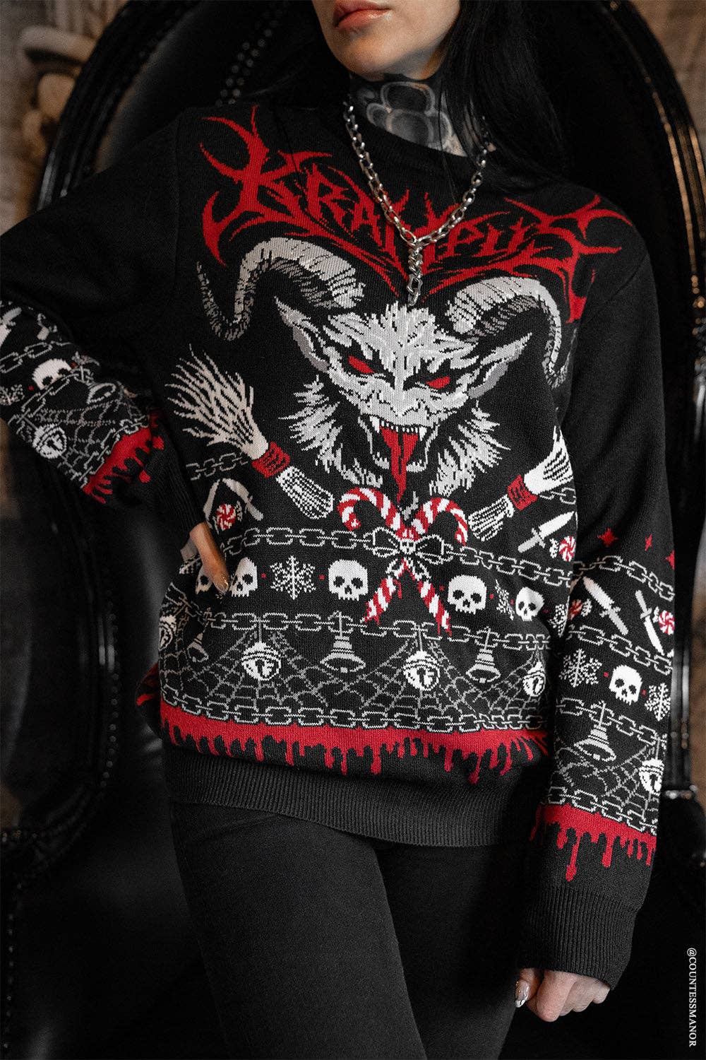 Krampusnacht Knit Xmas Sweater Goth Creepmas Skull Spiderweb Tree Clothing - Gothic & Alternative Gift - Haunted