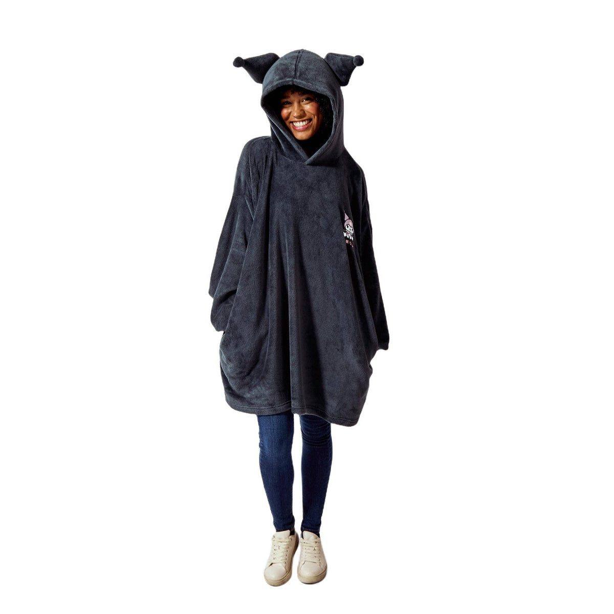 Kuromi Women's Black Oversized Fleece Hooded Blanket with Ears Accessories - Gothic & Alternative Gift - Haunted