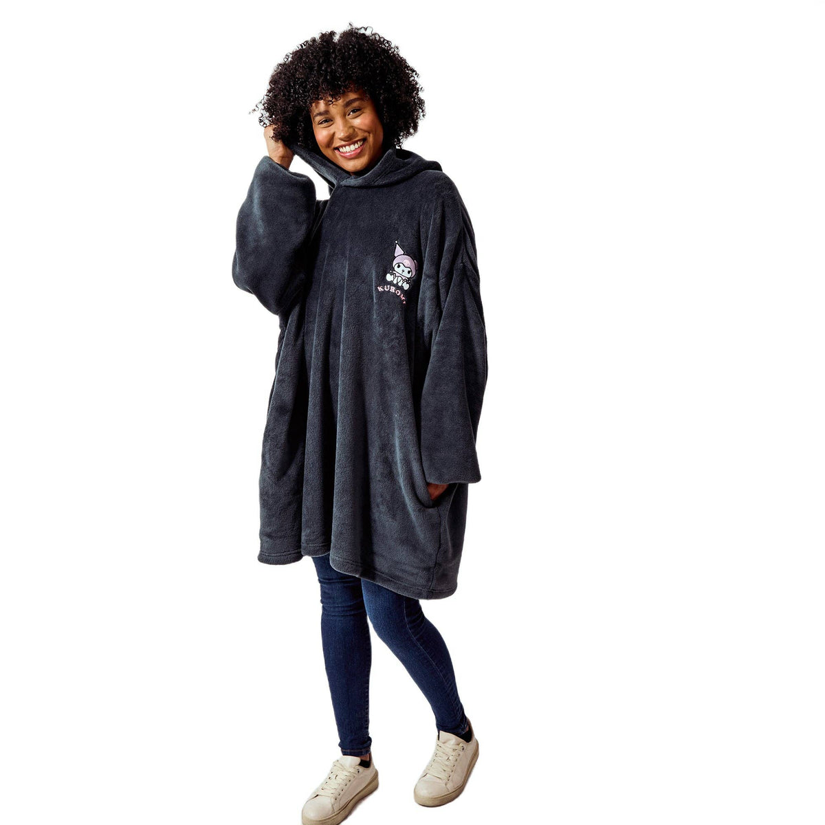 Kuromi Women's Black Oversized Fleece Hooded Blanket with Ears Accessories - Gothic & Alternative Gift - Haunted