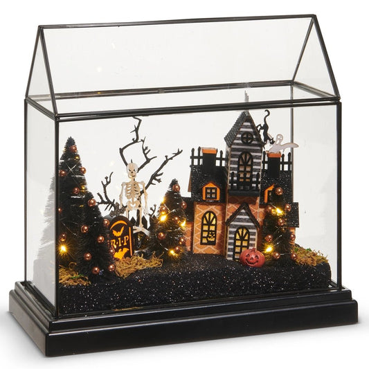 Lighted Halloween Terrarium with Haunted House & Graveyard Scene — 12.75" Home Decor - Gothic & Alternative Gift - Haunted