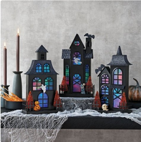 Lit Metal Haunted Houses Sparkly Witch, Bats Ghost Designs Holiday Craft and Decor - Gothic & Alternative Gift - Haunted