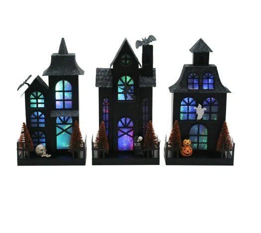 Lit Metal Haunted Houses Sparkly Witch, Bats Ghost Designs Holiday Craft and Decor - Gothic & Alternative Gift - Haunted