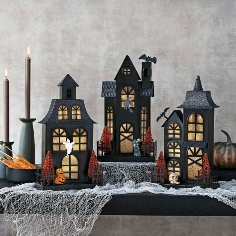 Lit Metal Haunted Houses Sparkly Witch, Bats Ghost Designs Holiday Craft and Decor - Gothic & Alternative Gift - Haunted