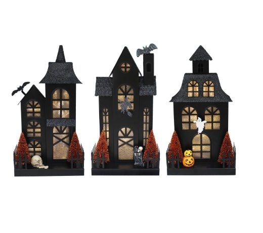 Lit Metal Haunted Houses Sparkly Witch, Bats Ghost Designs Holiday Craft and Decor - Gothic & Alternative Gift - Haunted