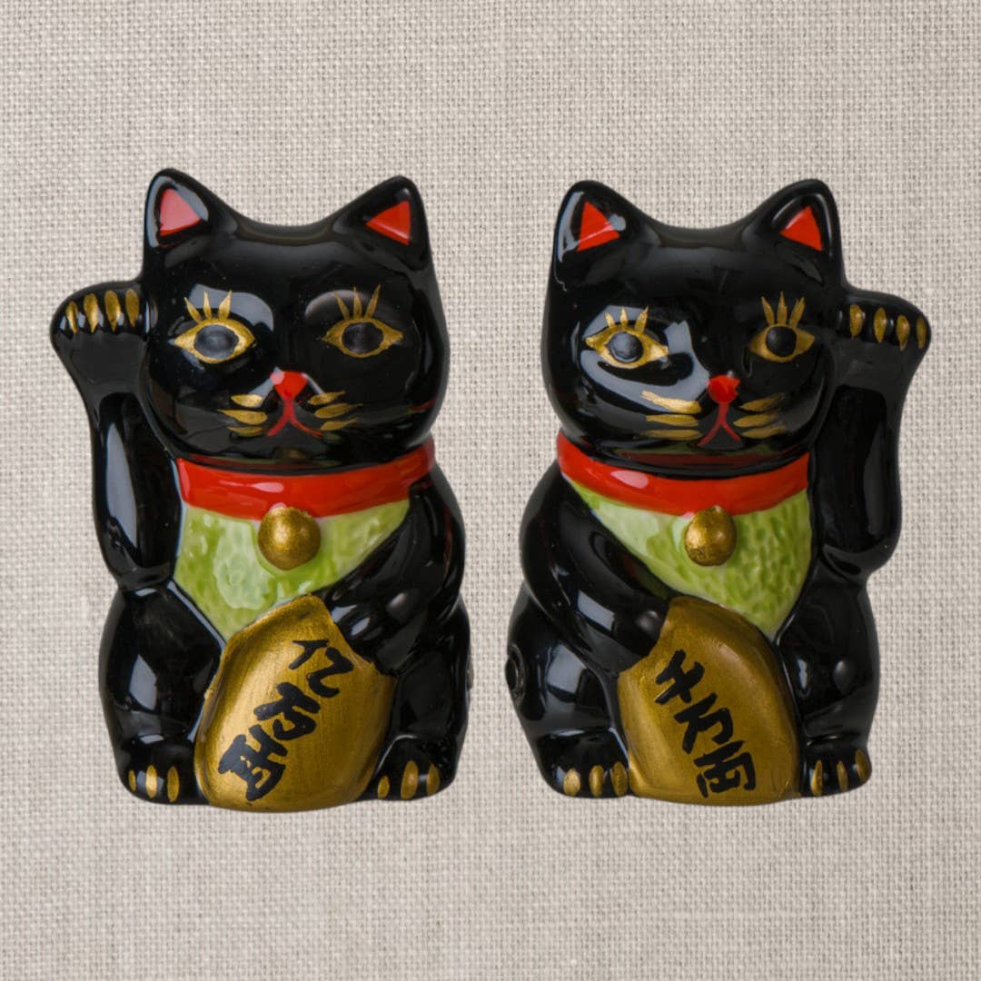 Maneki Neko Lucky Black Cat Salt and Pepper Shaker Set Kitchenware - Gothic & Alternative Gift - Haunted