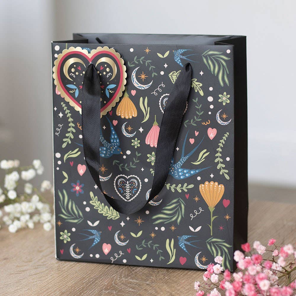 Medium Black Folk Floral Print Giftbag Wrapping Paper - Gothic & Alternative Gift - Haunted