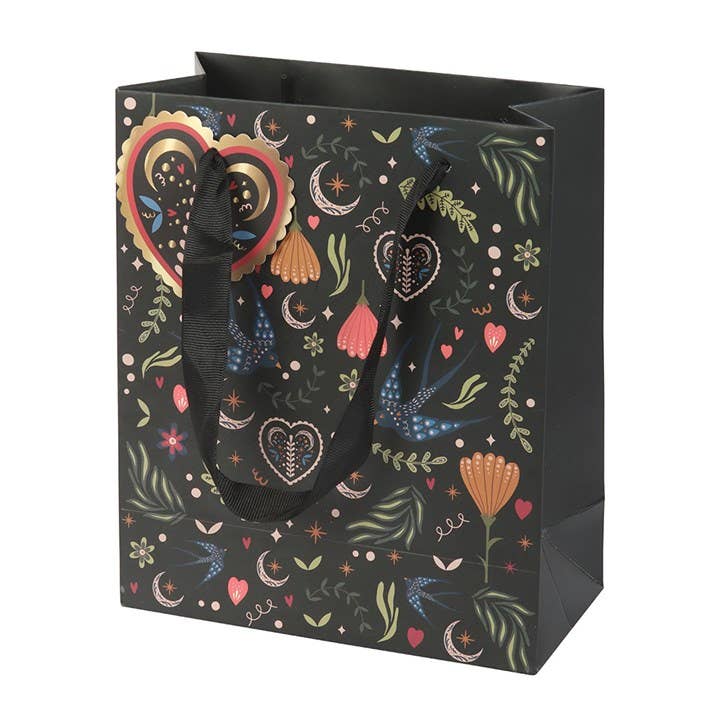 Medium Black Folk Floral Print Giftbag Wrapping Paper - Gothic & Alternative Gift - Haunted