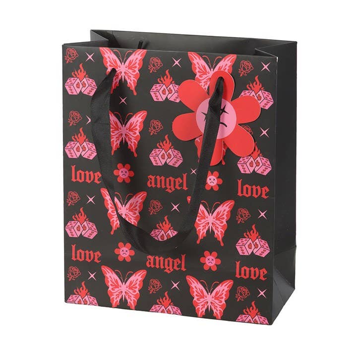 Medium Flaming Y2K Butterfly Gift Bag Angel, Love, Flames, Dice, Wrapping Paper - Gothic & Alternative Gift - Haunted